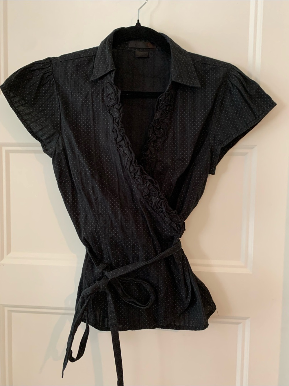 Women's Black Wrap Blouse with Ruffle Trim cotton